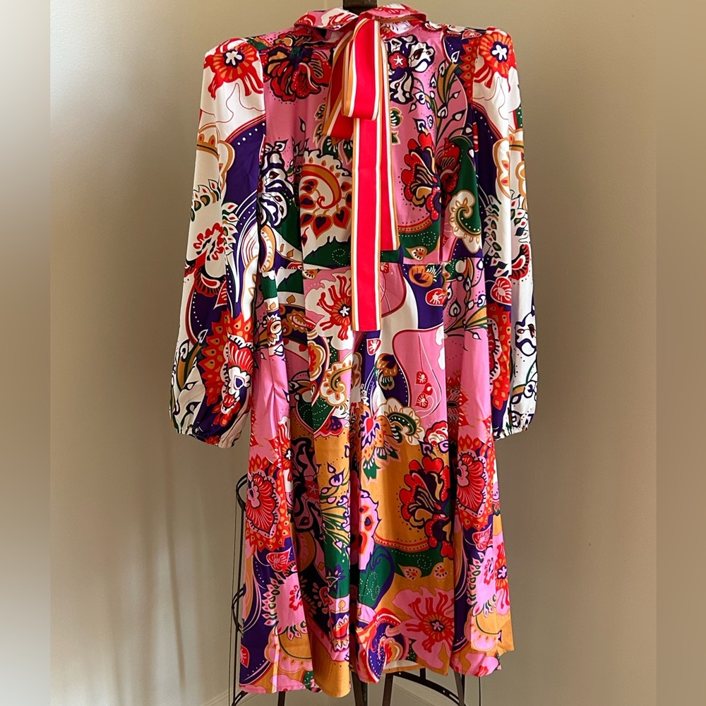 DALIA MACPHEE Pink Red Belted Collar Floral Shirt Dress Hippy Designer Med NEW